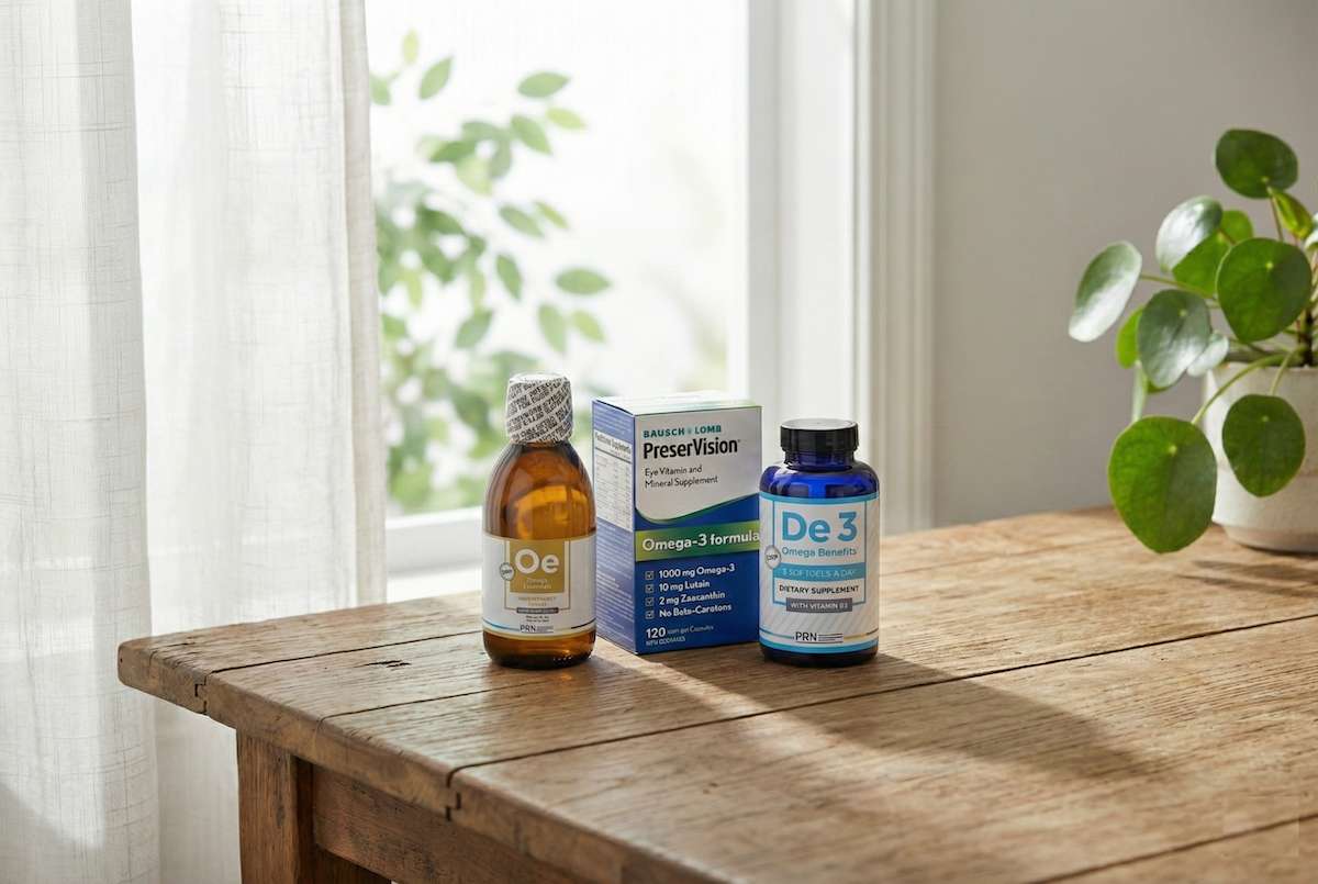 Left to right Omega-3 products offered at Forest City Optometry: Liquid Omega Essentials liquid, and softgel options PreserVision Omega 3 and PRN De3 Omega Benefits.
