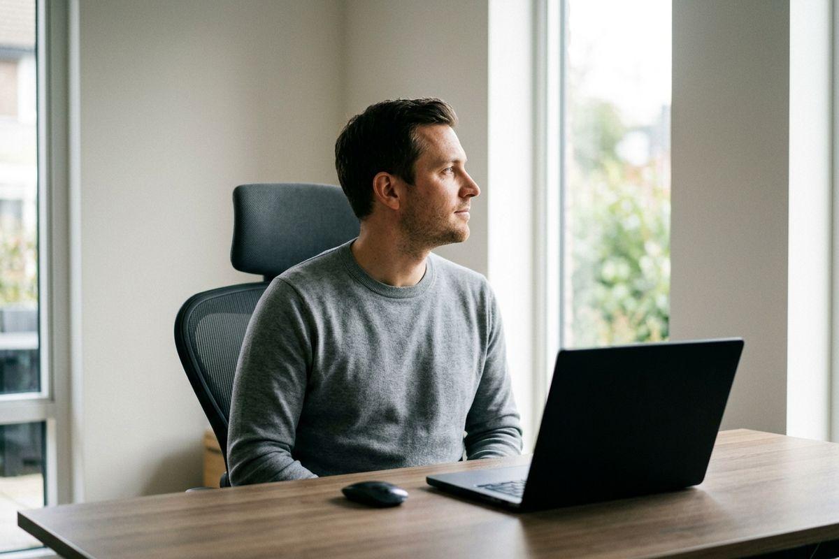 Adult in a gray sweater sitting at a wooden desk with a laptop, gazing thoughtfully out a window in a bright office.