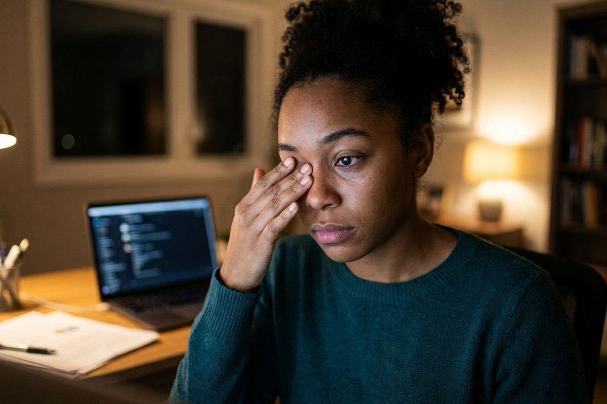 Tired adult rubbing eye while working late at a dimly lit home desk with an open laptop and papers nearby.