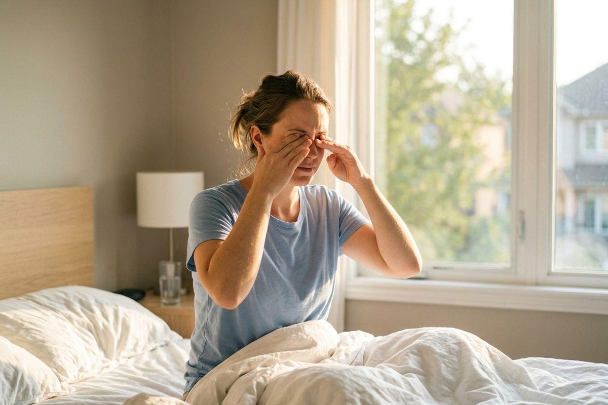 Adult sitting up in bed, rubbing both eyes with hands, appearing uncomfortable, in a sunlit bedroom with white bedding.