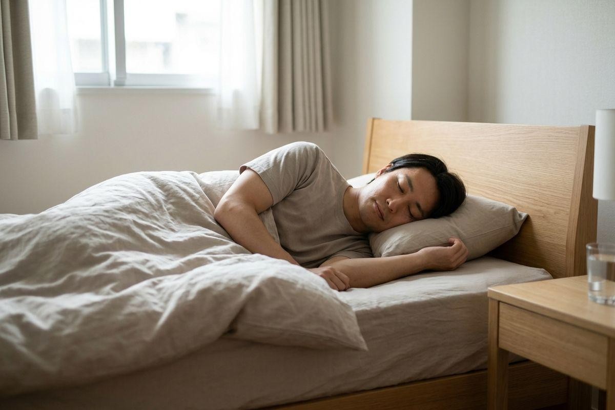 Adult sleeping on their side in a bed with light linen bedding, wooden headboard, and a nightstand with a glass of water nearby.
