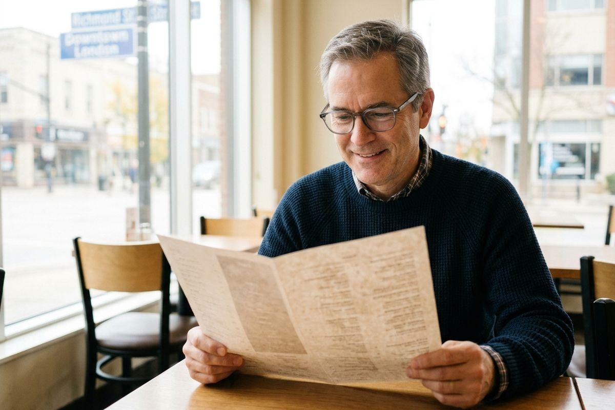 Smiling adult with glasses reading a menu at a restaurant table, large windows overlooking a city street behind them.