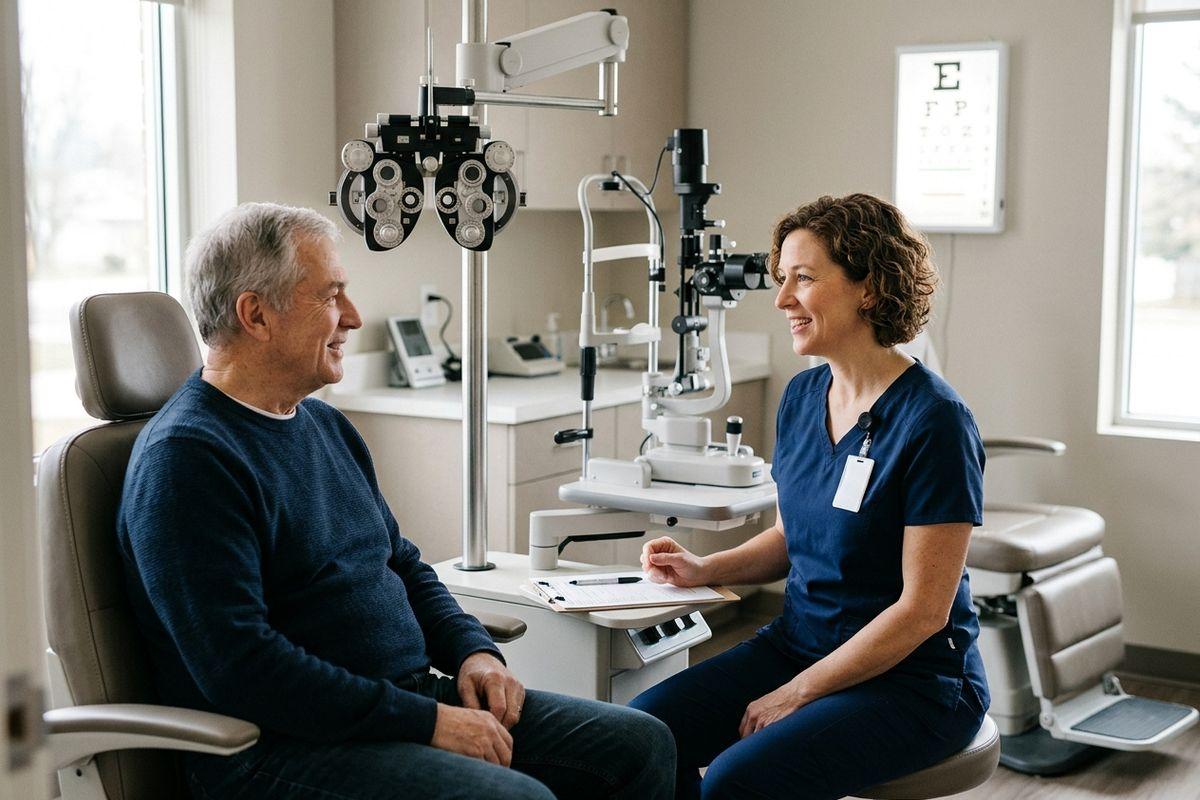A smiling optometrist talks with a seated patient in an eye exam room, with a phoropter and eye chart nearby.