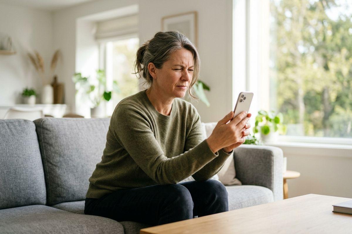 Adult sitting on a gray sofa, squinting at a smartphone held close to their face in a bright living room.