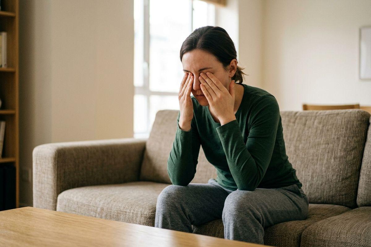 Adult sitting on a sofa, pressing both hands over their eyes and nose, leaning forward in a home living room.