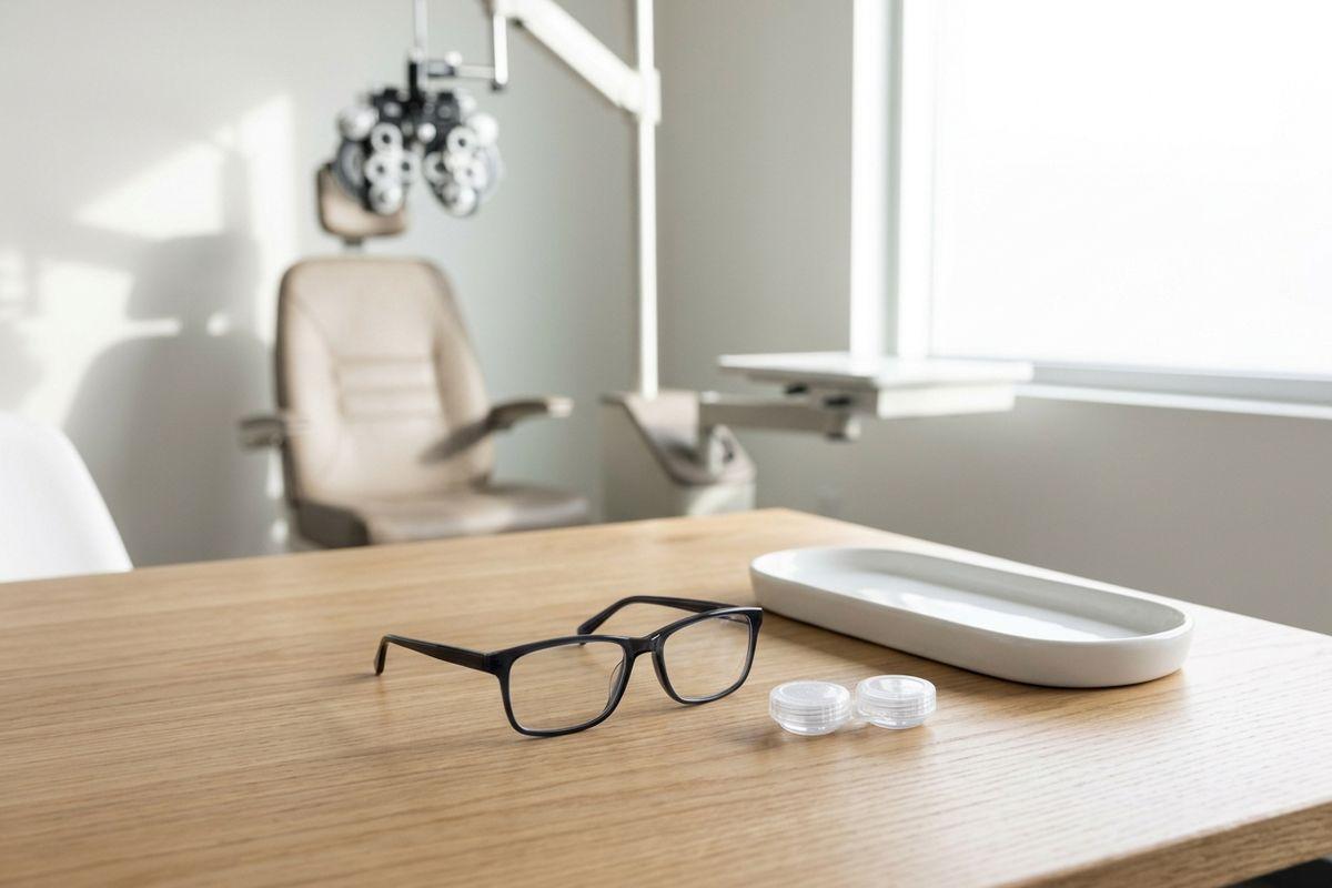 Eyeglasses and contact lens case on wooden table in optometrist exam room with a phoropter and chair in the background.