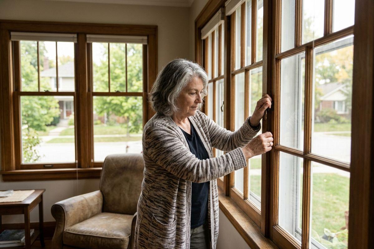 Older adult with gray hair opening or adjusting a wood-framed window inside a home living room, looking down focused.