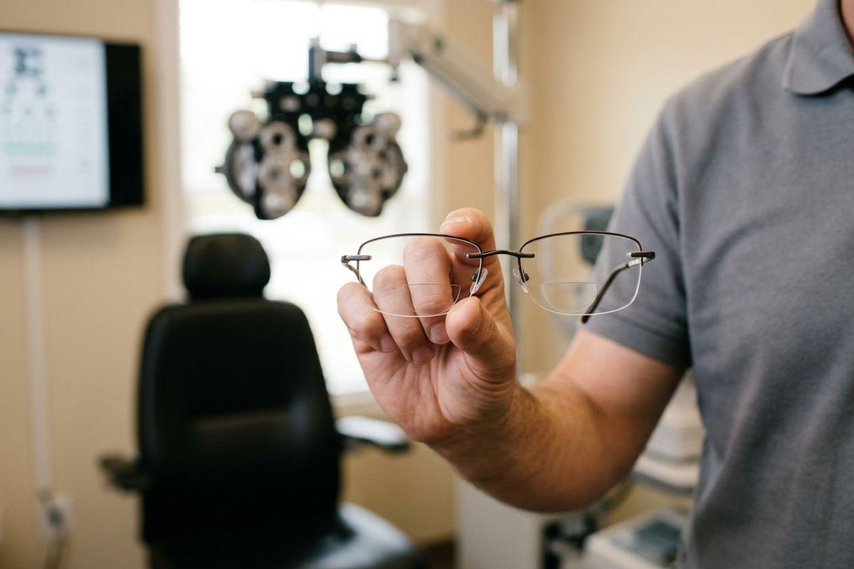 Optometrist holding rimless eyeglasses in an eye exam room with phoropter and chair in the background.