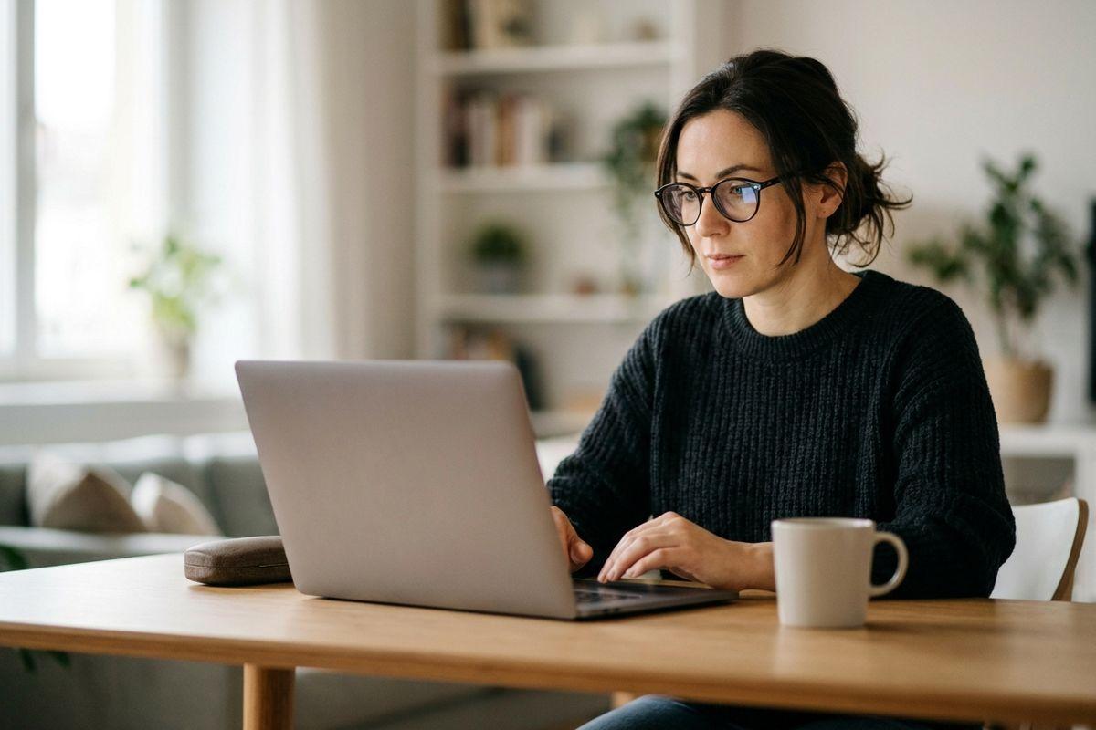 Adult in glasses and dark sweater sits at a wooden table using a laptop, focused, with a mug beside them in a bright living room.
