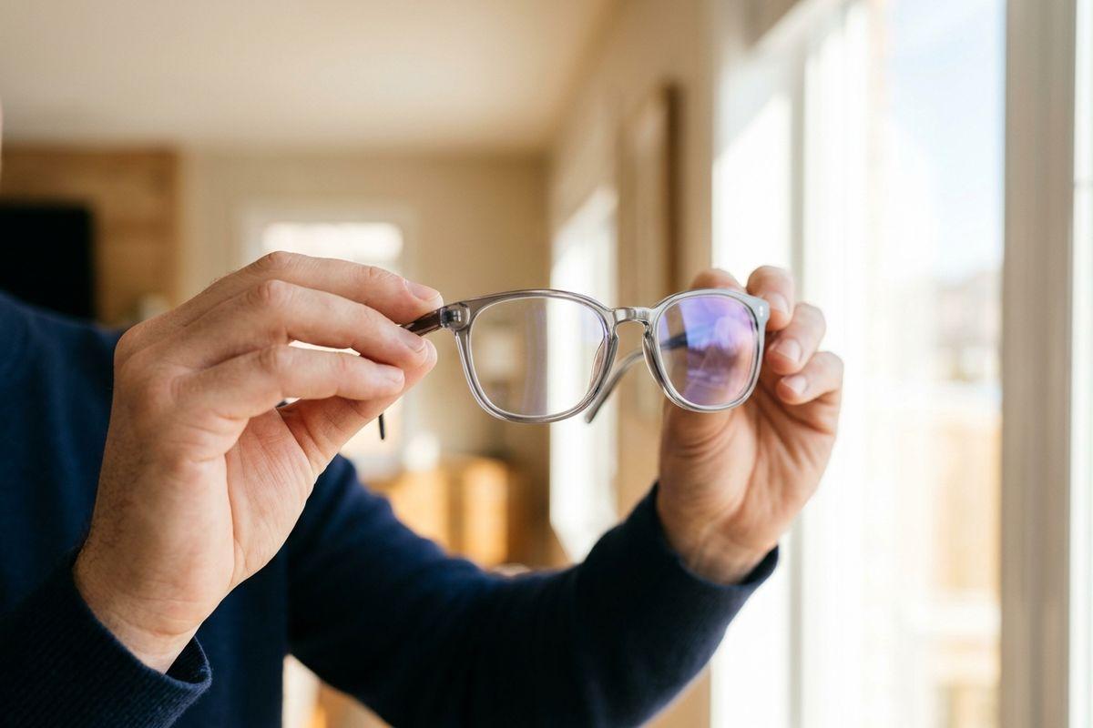 Close-up of an adult's hands holding up clear-framed eyeglasses by both temples, near a bright window indoors.
