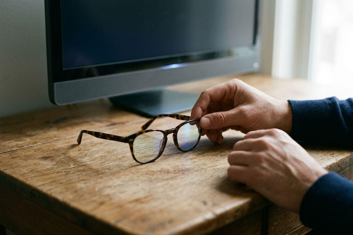 Person's hands reaching for tortoiseshell glasses resting on a wooden desk in front of a computer monitor.