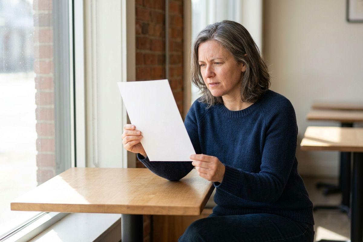 Adult with gray-streaked hair sitting at a cafe table by a window, reading a paper document with a concerned expression.