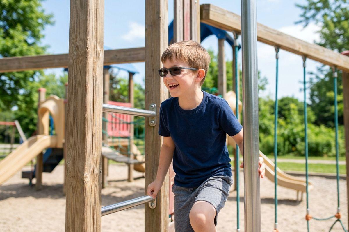 Child wearing sunglasses climbing a wooden playground structure outdoors, smiling, with slides and swings visible in the background.