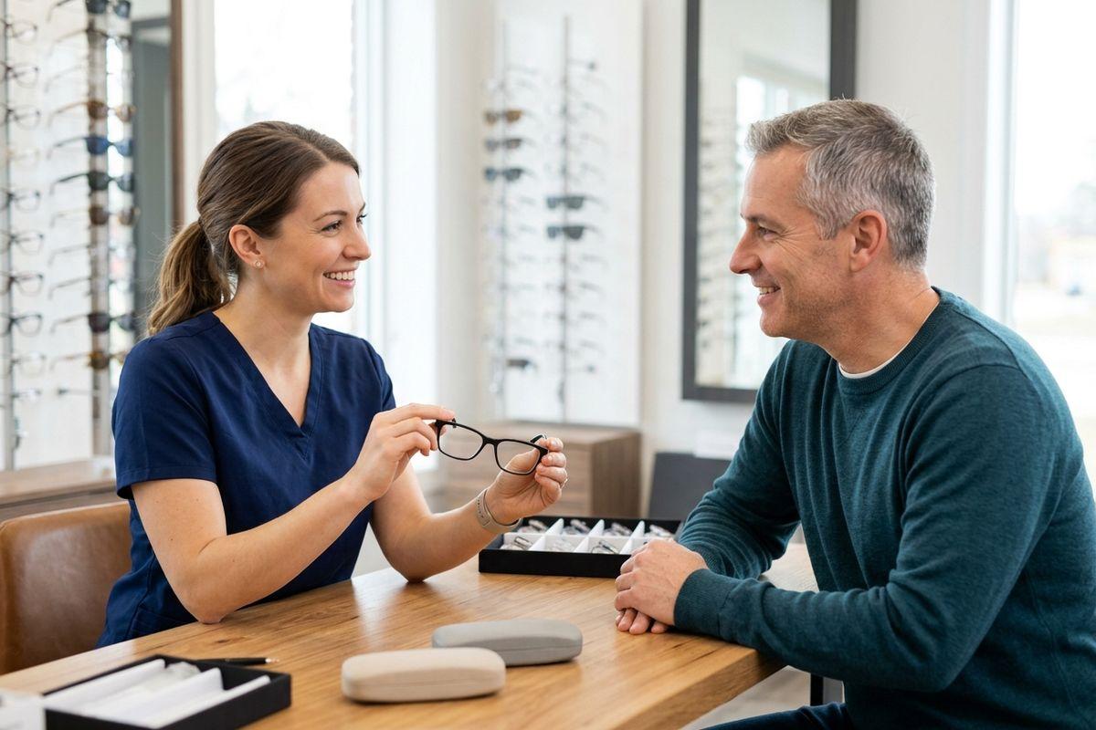 Optometrist smiling and holding glasses frames toward a smiling adult patient at a table, with eyeglass display racks in the background.