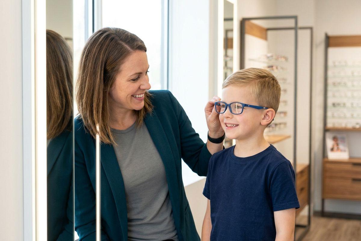 Smiling adult adjusting blue-framed glasses on a smiling child in an optical store with eyeglass displays in the background.